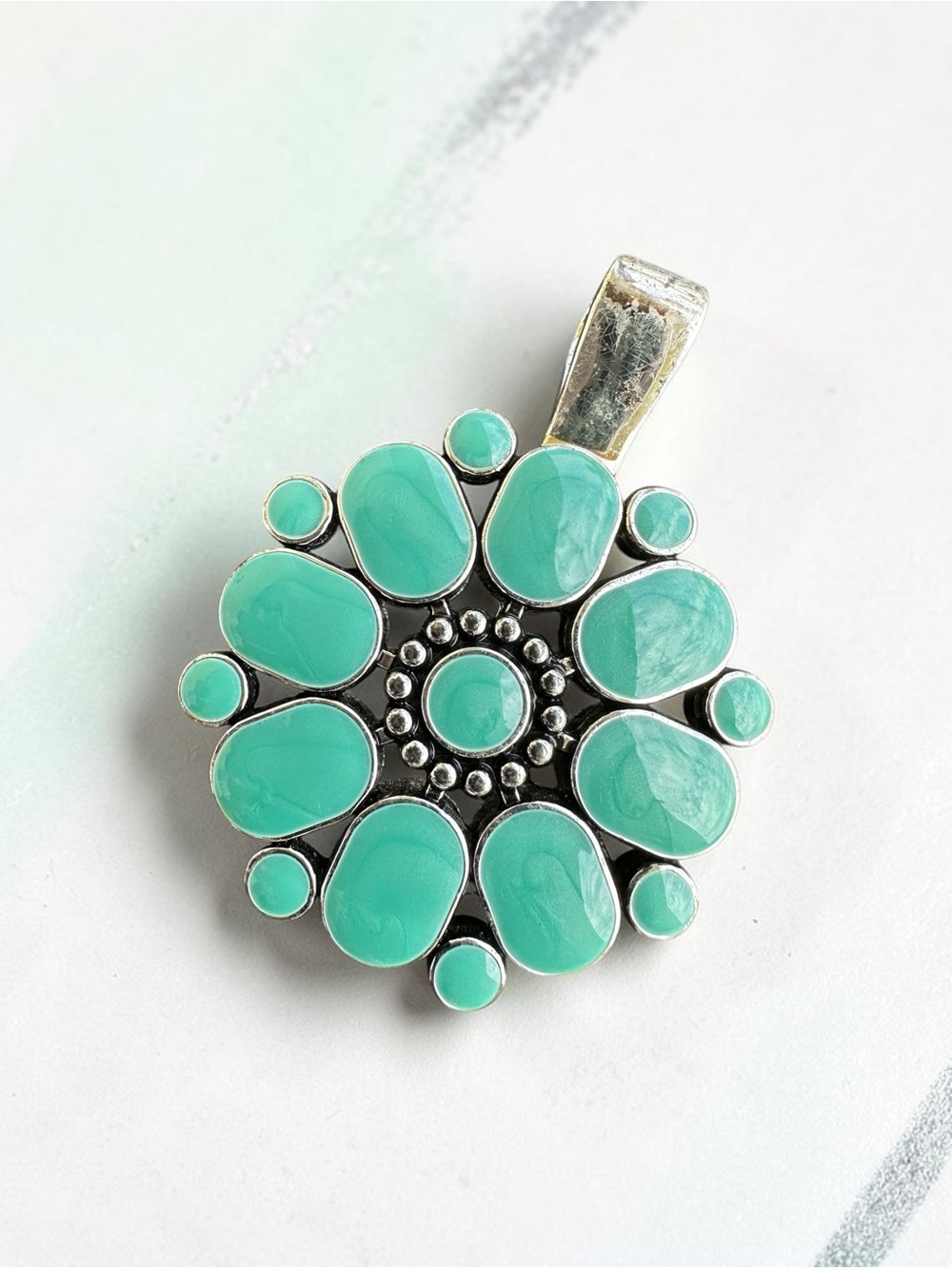 Premier Designs Reversible Enamel Red and Turquoise Pendant Silver Tone